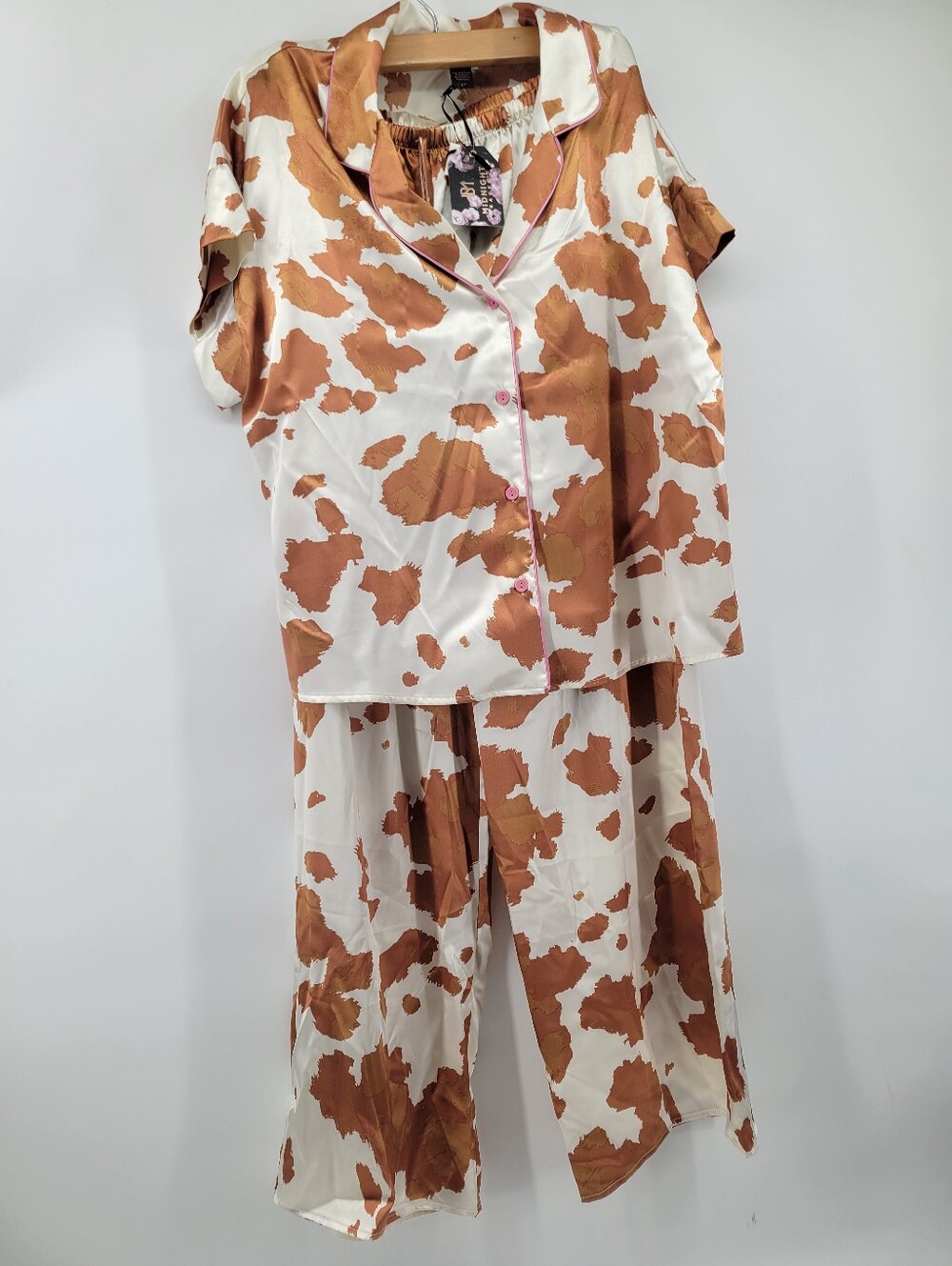Midnight Baker Two-Piece Satin Sleep Set in White and Brown Cow Print Size Small